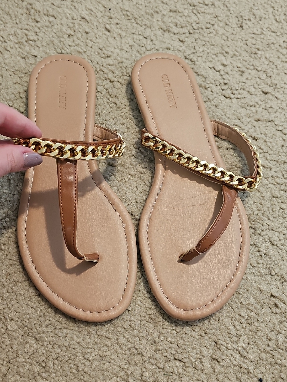 Old Navy Tan Thong Sandals with Gold Chain
